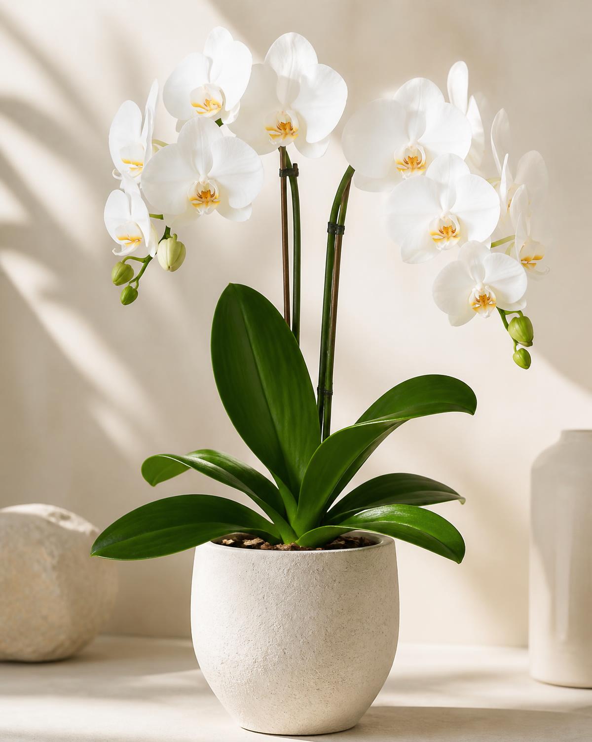 Orquídea branca em vaso de cerâmica